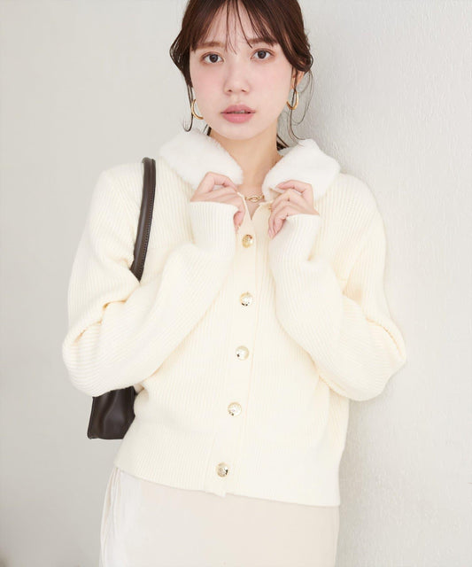 帶毛領單面羅紋針織開衫