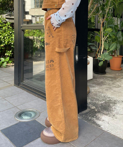 【HELLO.SANFRANCISCO/ハローサンフランシスコ】多穿法塗鴉燈芯絨拼色縫線揹帶褲