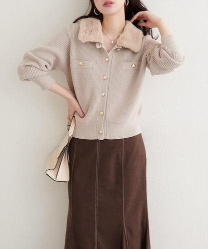 帶毛領單面羅紋針織開衫