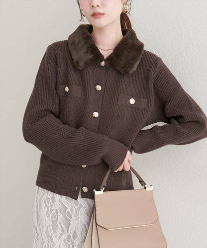 帶毛領單面羅紋針織開衫