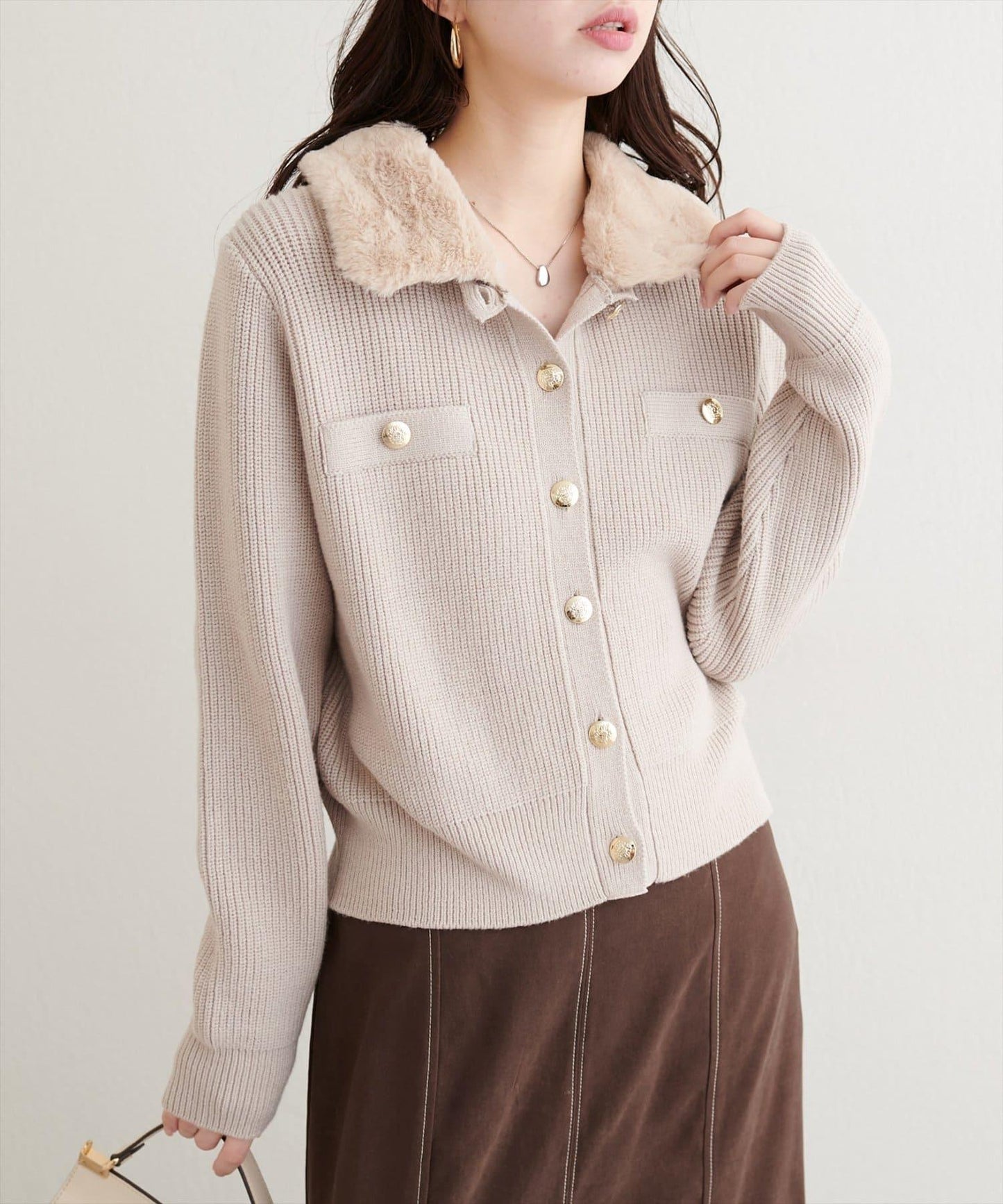 帶毛領單面羅紋針織開衫