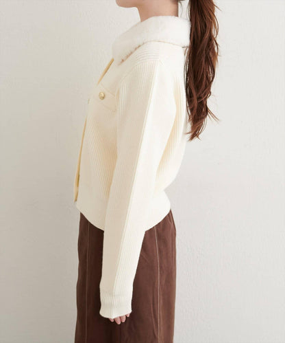 帶毛領單面羅紋針織開衫