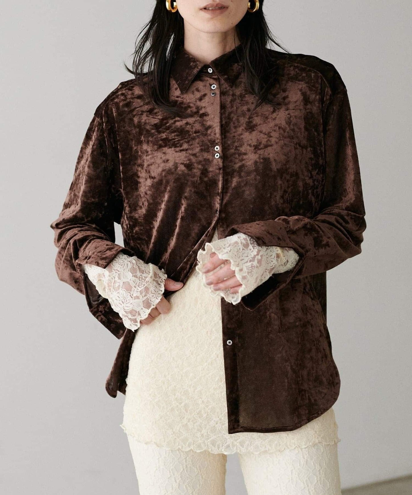 【LARUTA】透視網紗天鵝絨襯衫