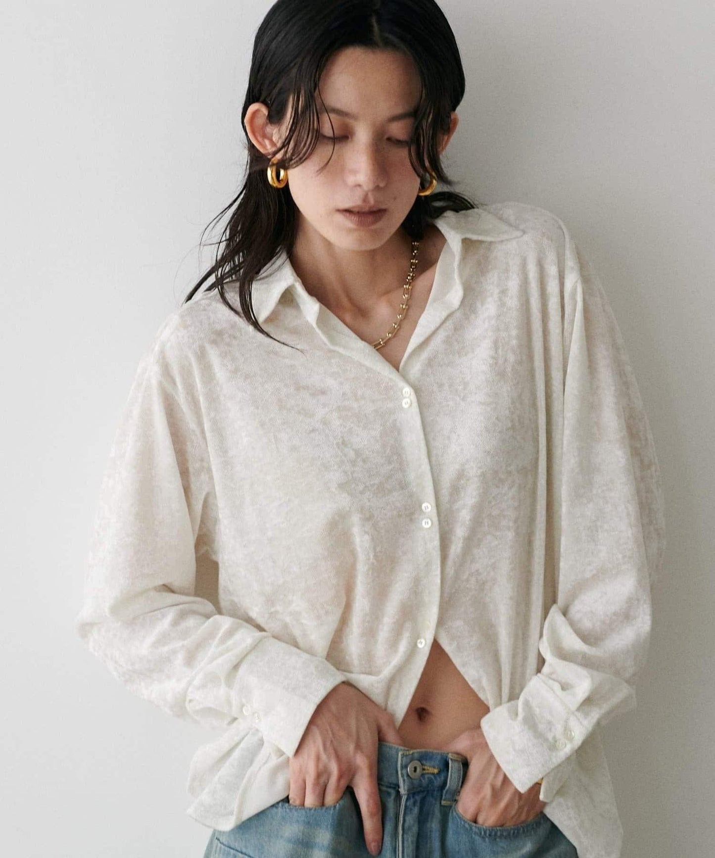 【LARUTA】透視網紗天鵝絨襯衫