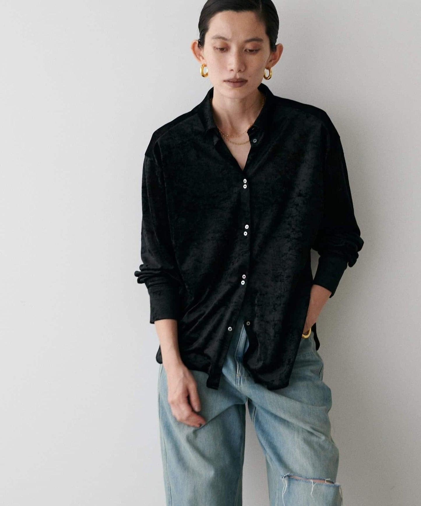 【LARUTA】透視網紗天鵝絨襯衫