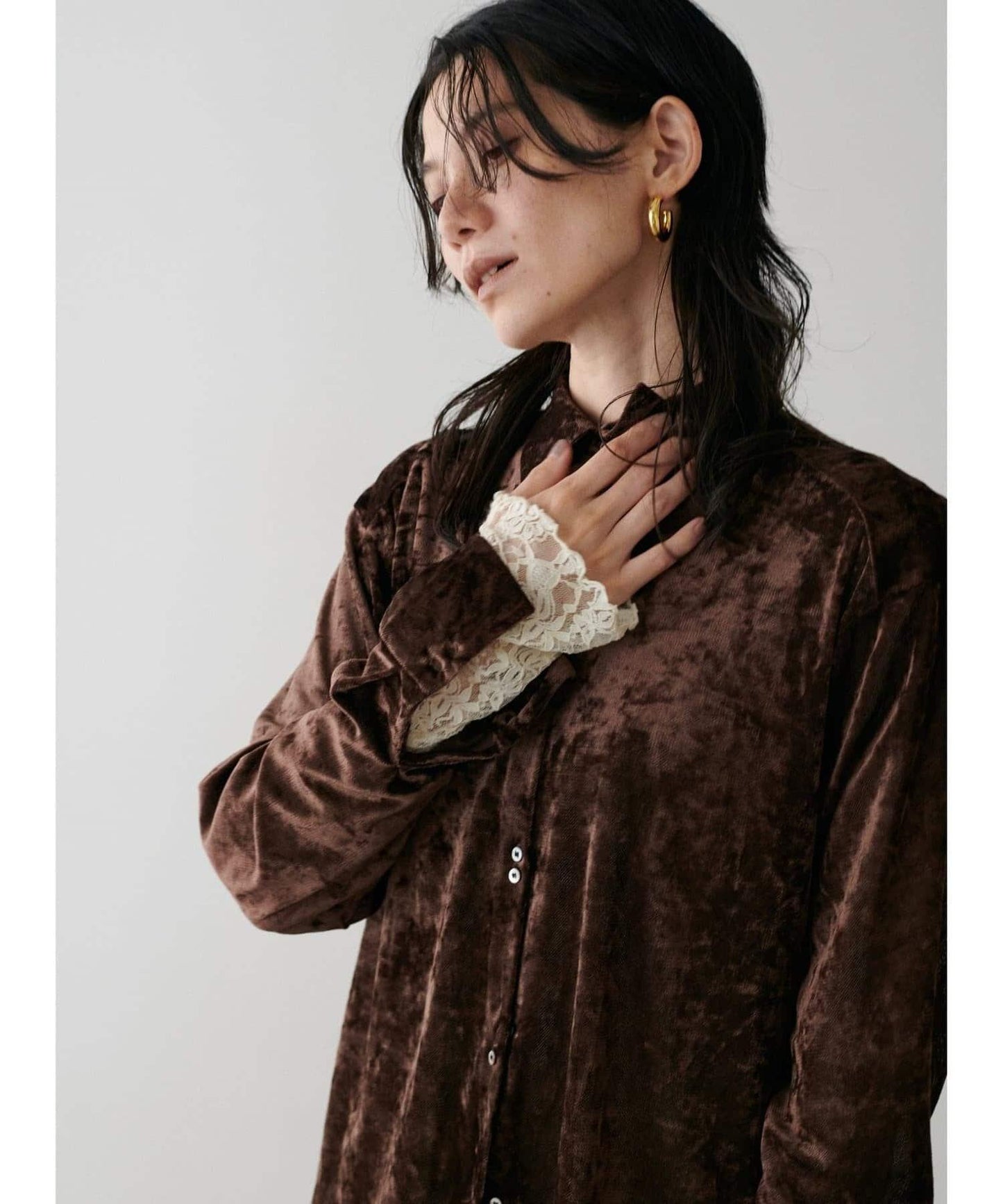 【LARUTA】透視網紗天鵝絨襯衫