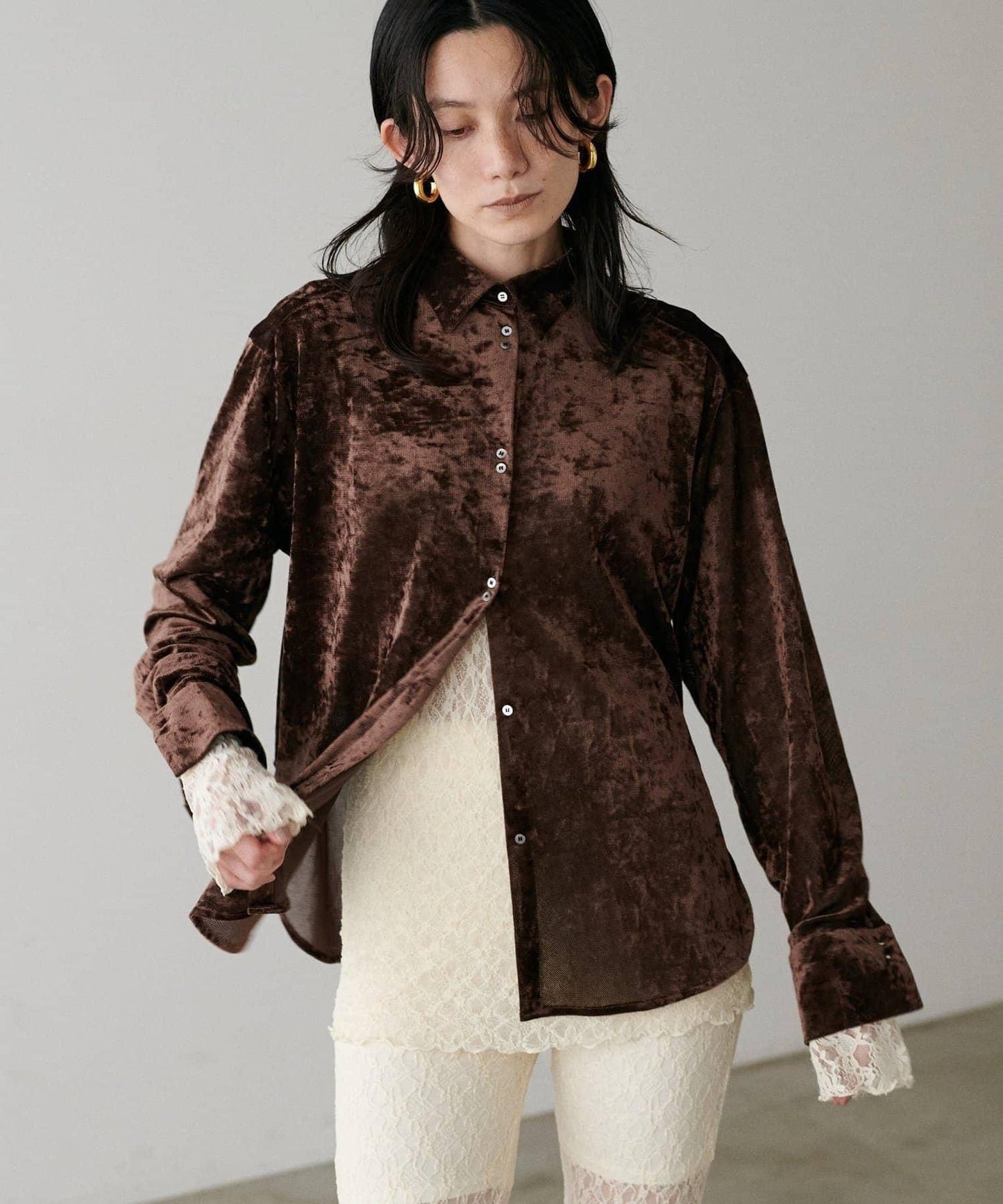 【LARUTA】透視網紗天鵝絨襯衫