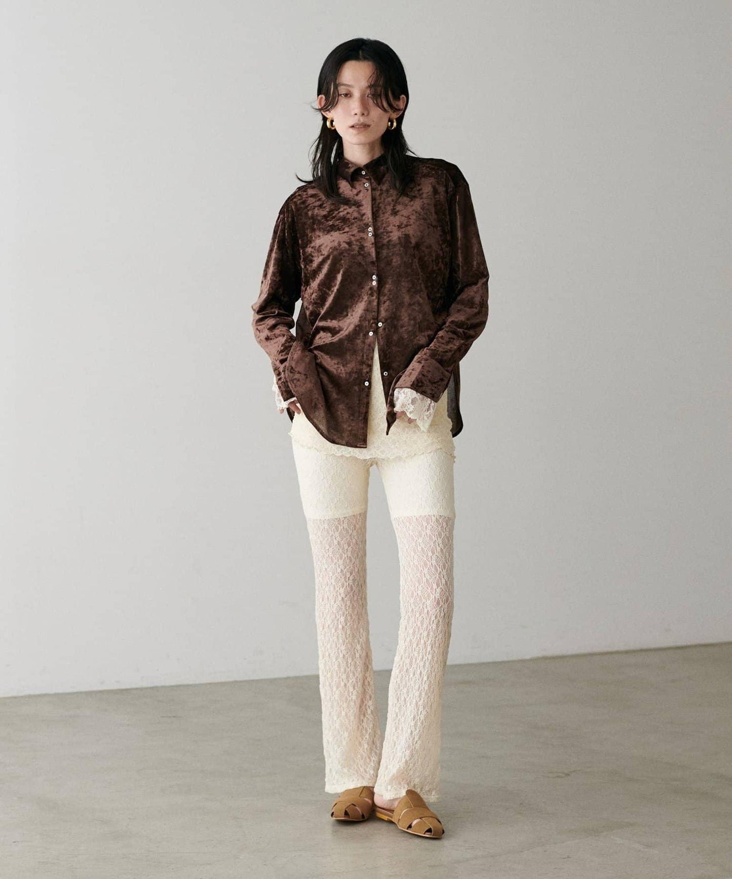 【LARUTA】透視網紗天鵝絨襯衫