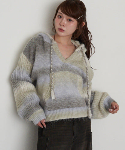 漸變色V領連帽長款上衣