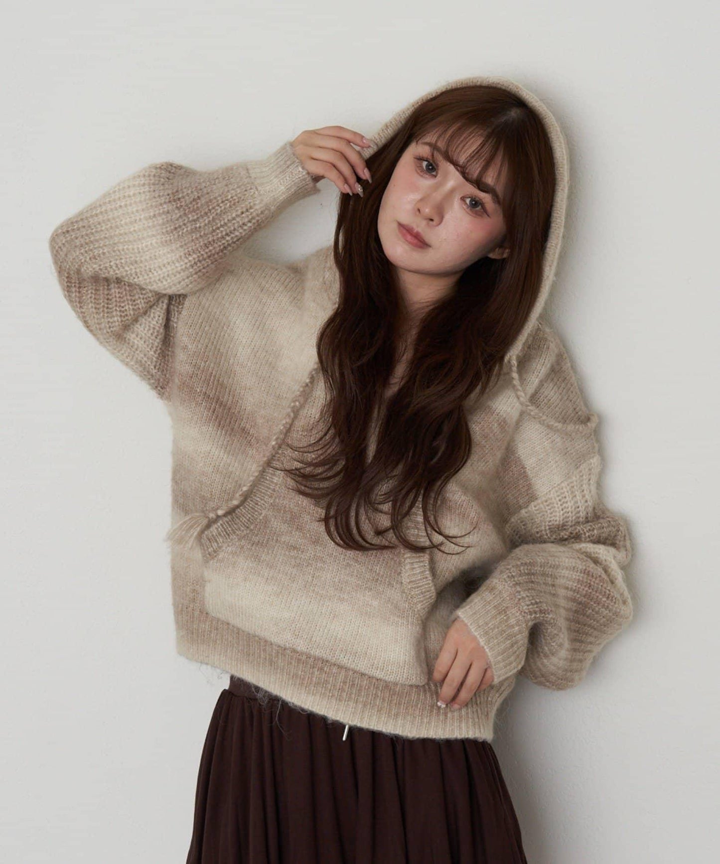 漸變色V領連帽長款上衣