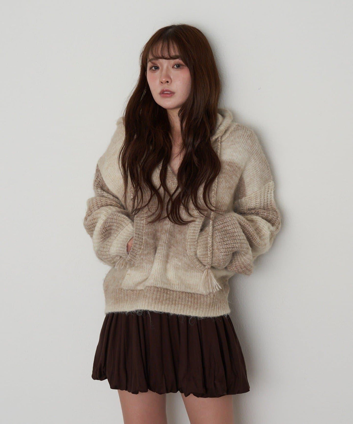 漸變色V領連帽長款上衣