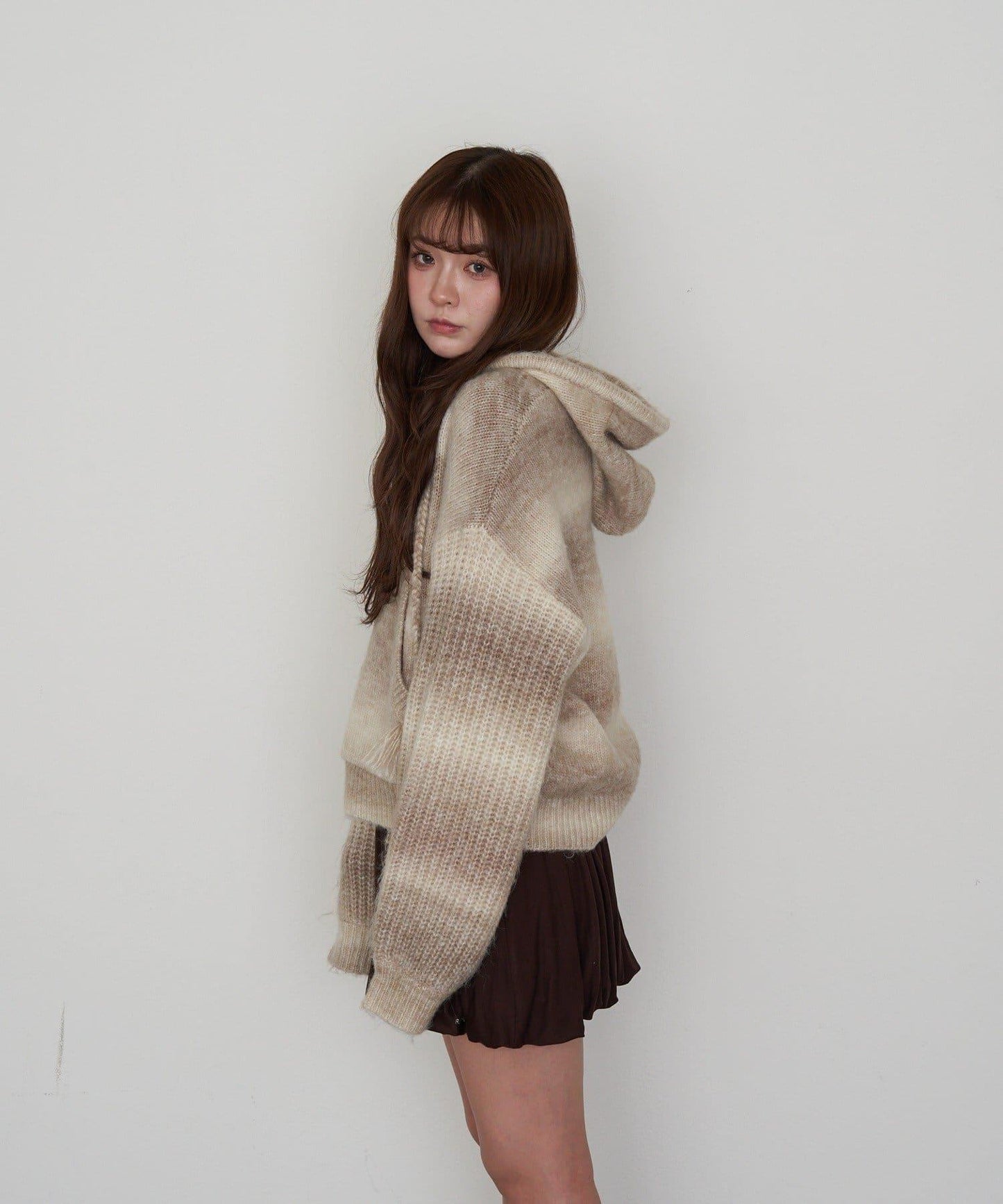 漸變色V領連帽長款上衣