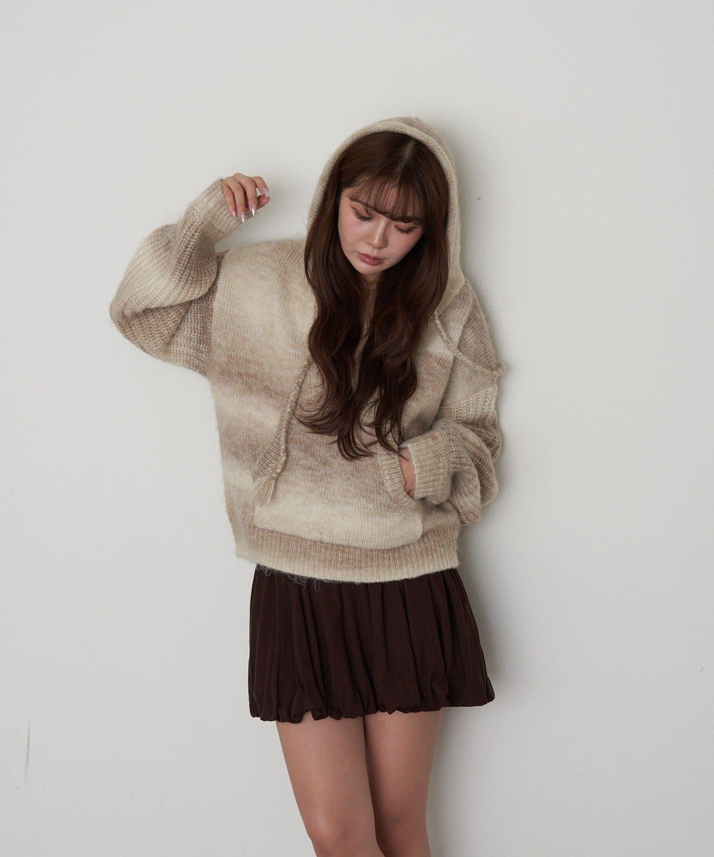 漸變色V領連帽長款上衣