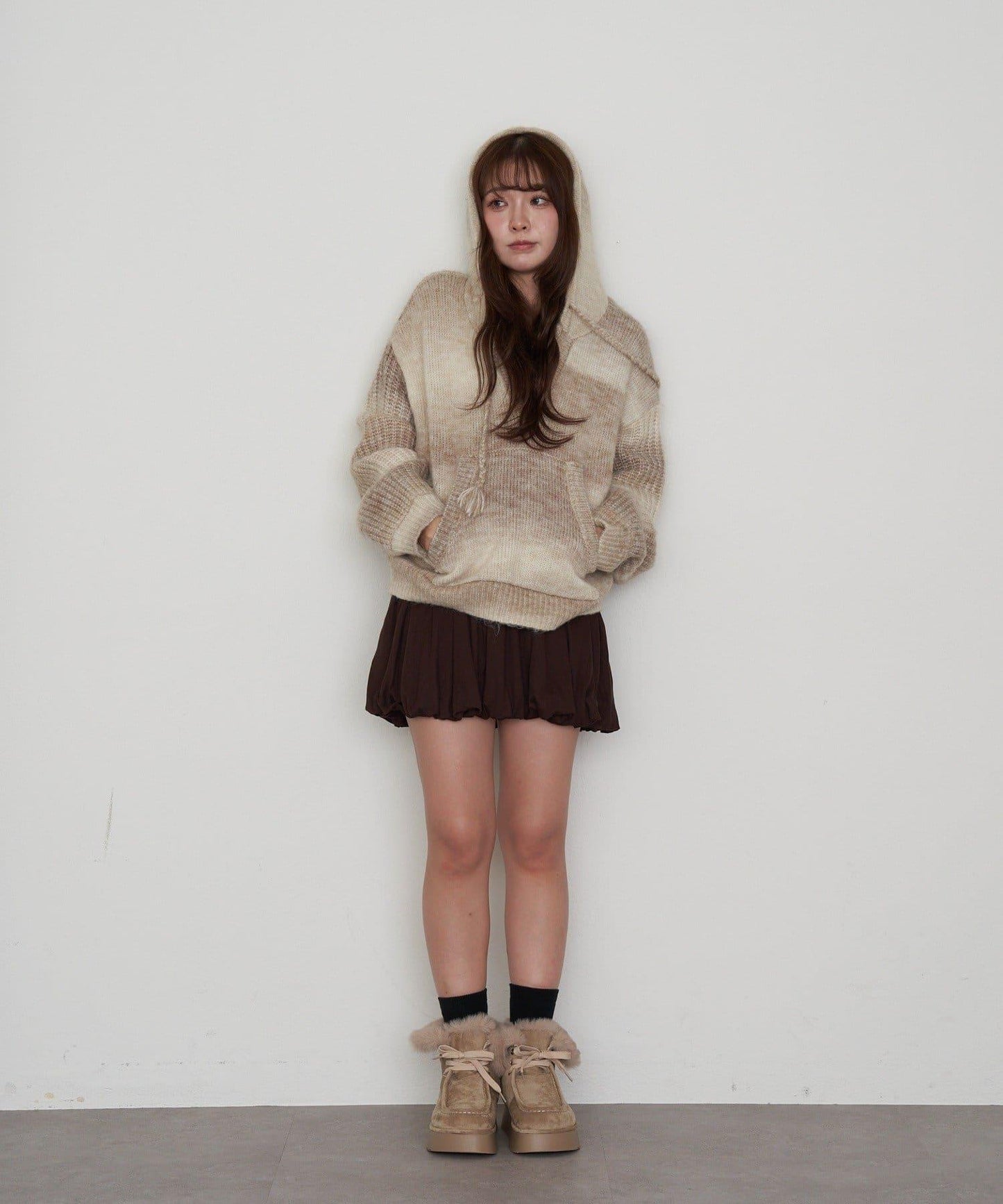 漸變色V領連帽長款上衣