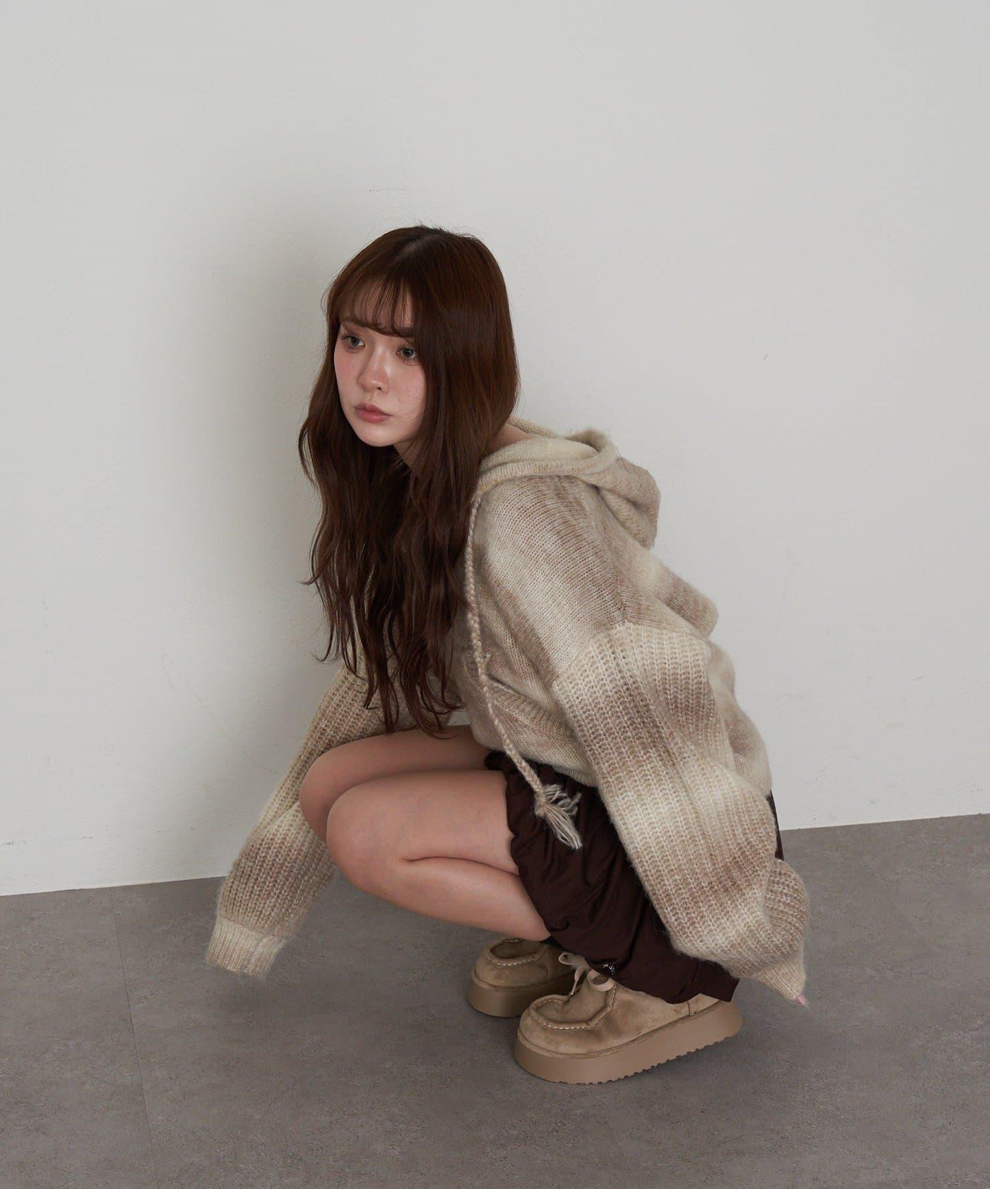 漸變色V領連帽長款上衣