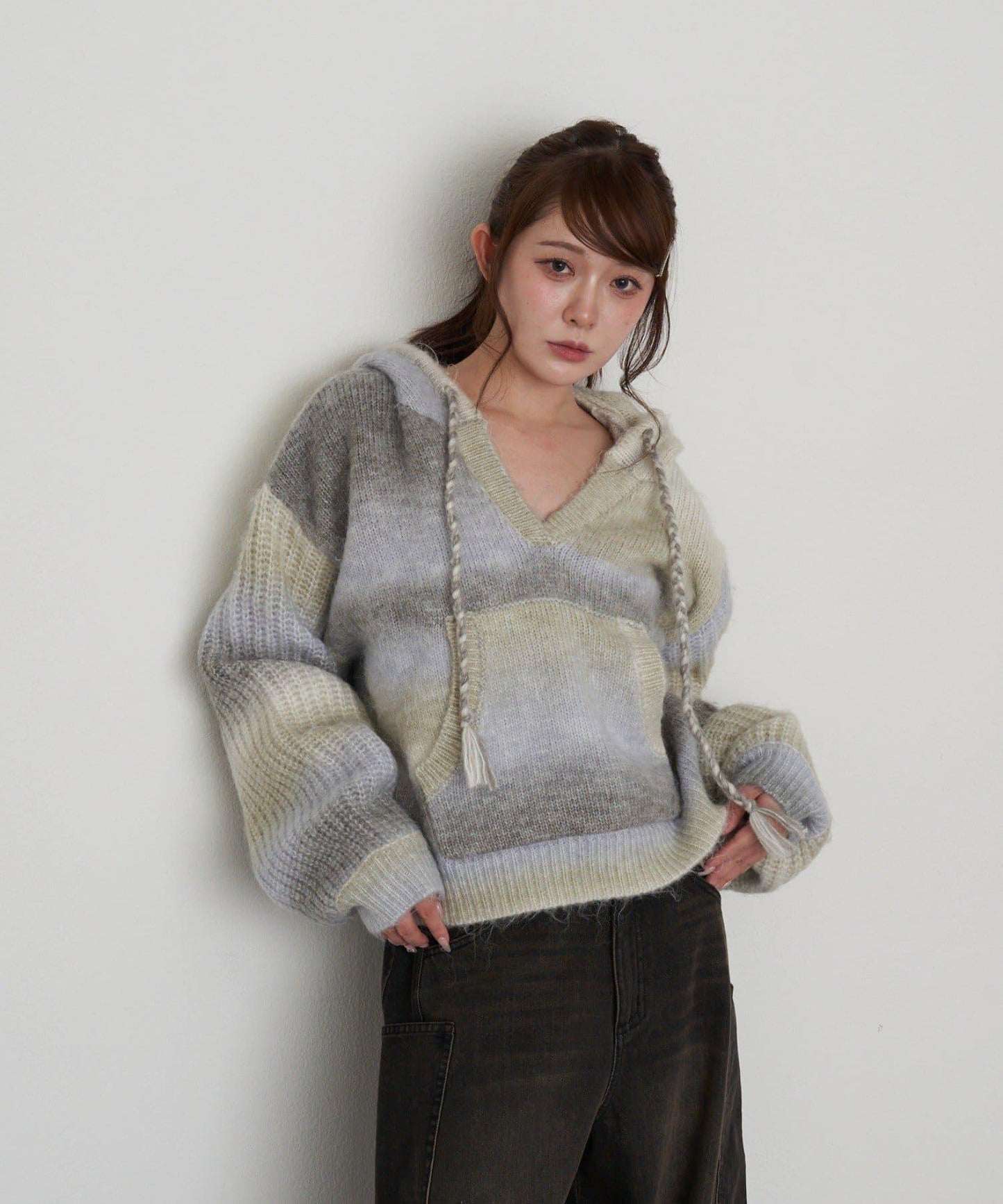 漸變色V領連帽長款上衣