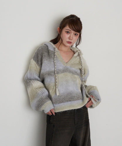 漸變色V領連帽長款上衣