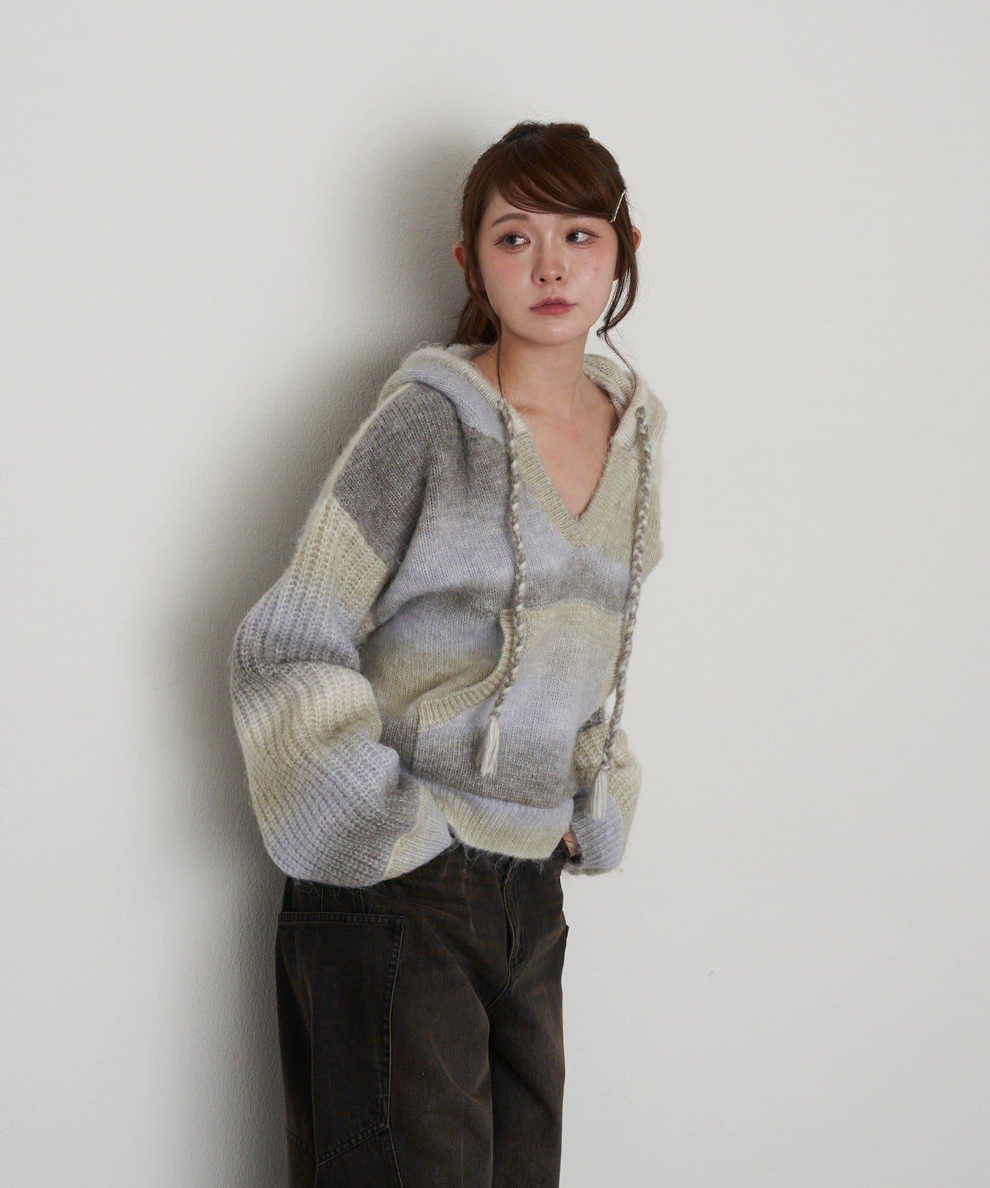 漸變色V領連帽長款上衣