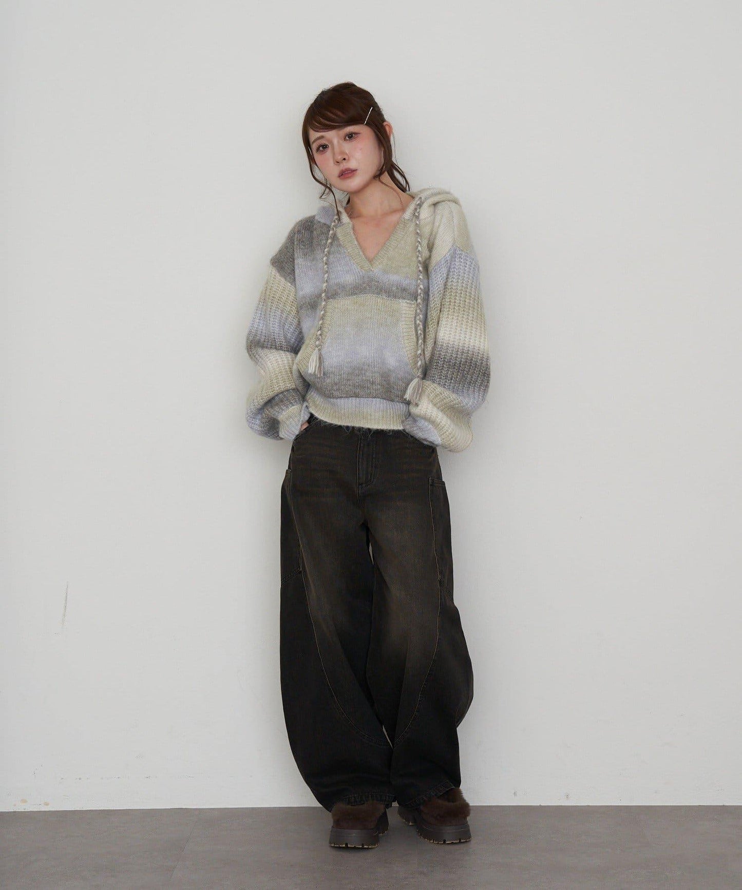 漸變色V領連帽長款上衣