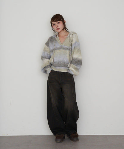 漸變色V領連帽長款上衣