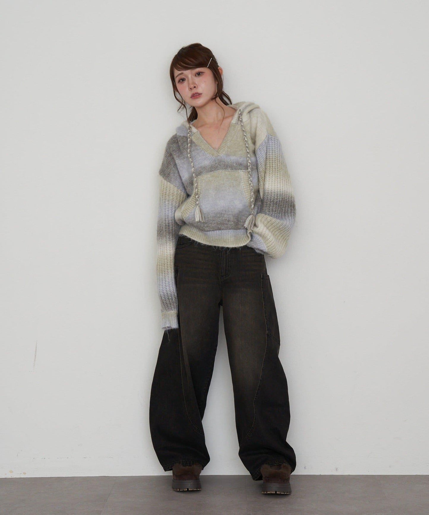 漸變色V領連帽長款上衣