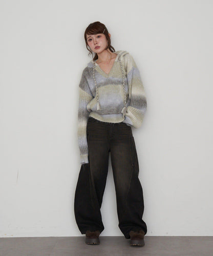 漸變色V領連帽長款上衣