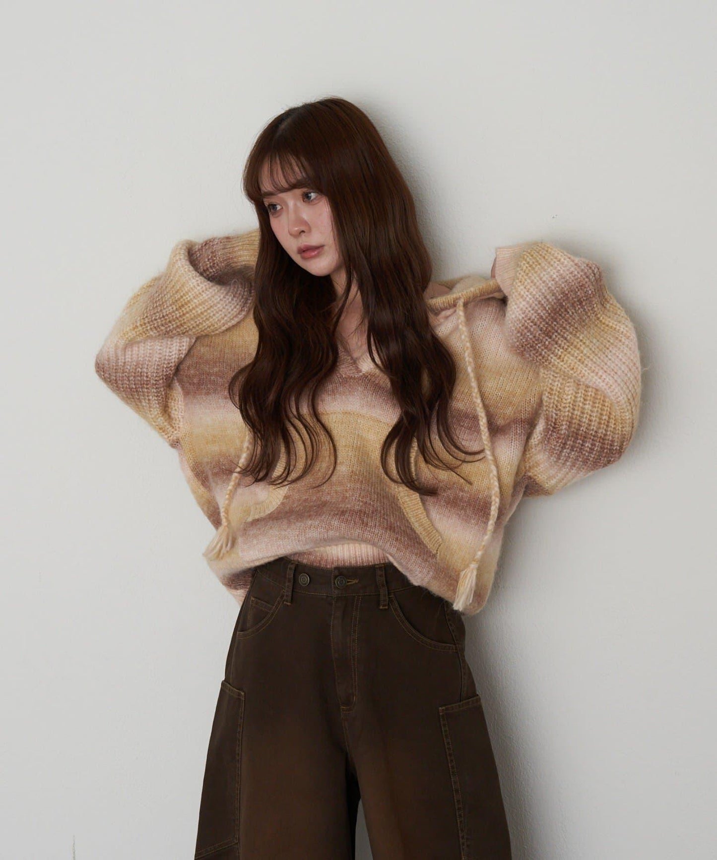 漸變色V領連帽長款上衣