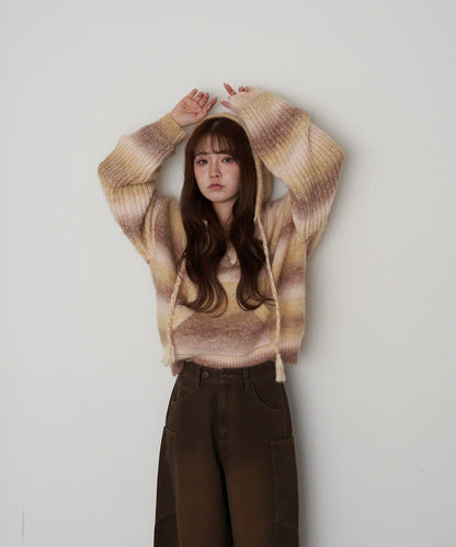 漸變色V領連帽長款上衣