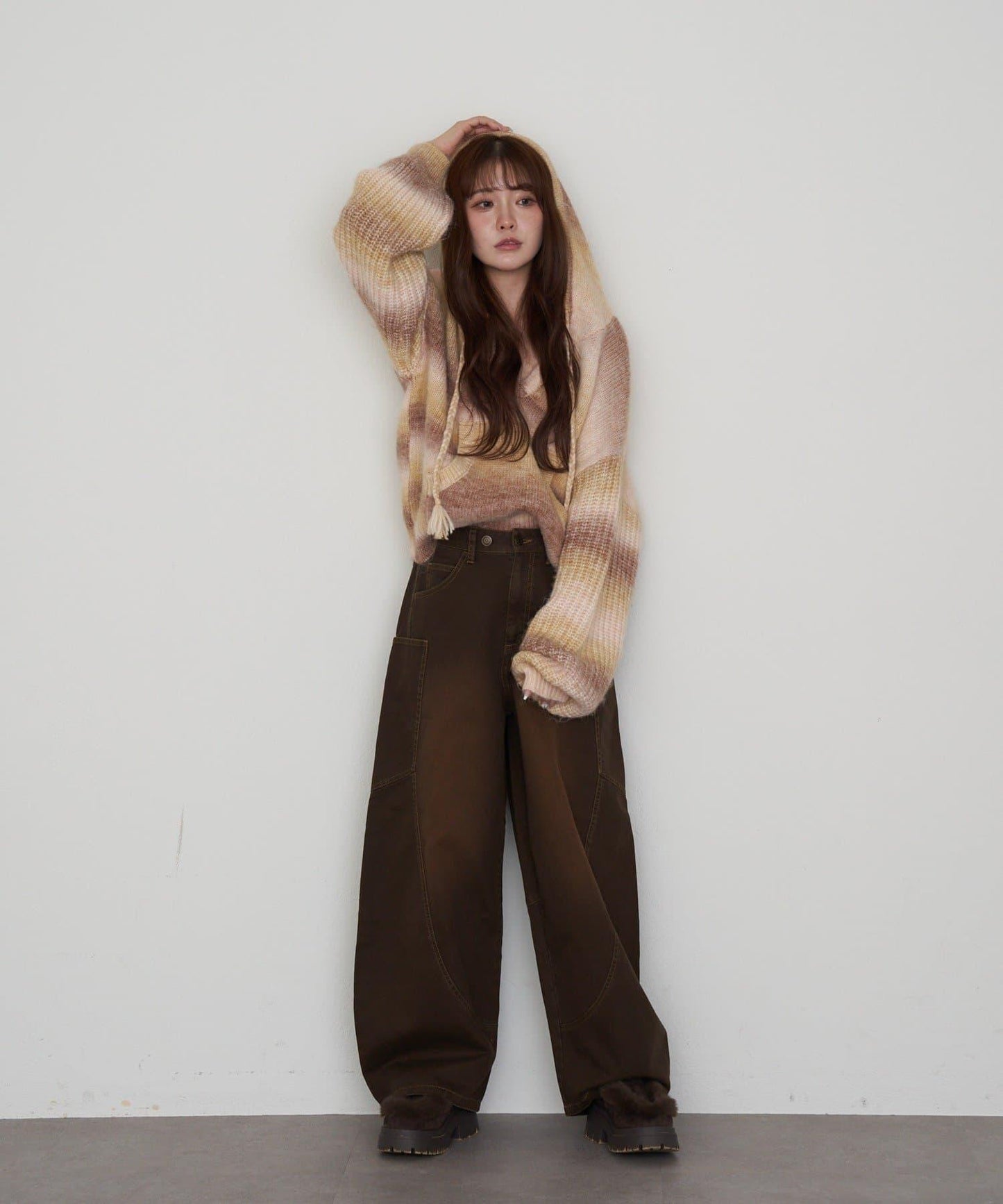 漸變色V領連帽長款上衣