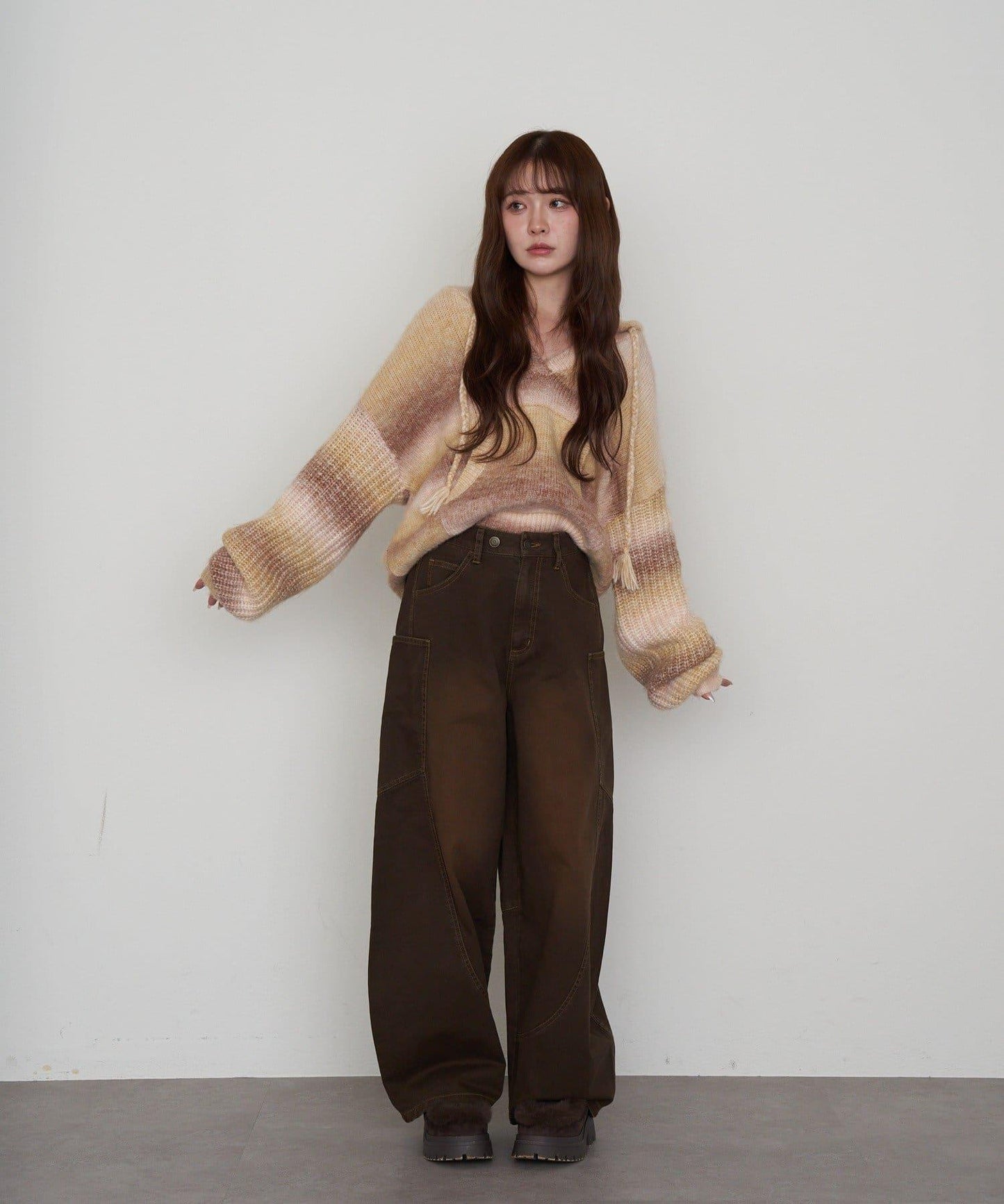 漸變色V領連帽長款上衣