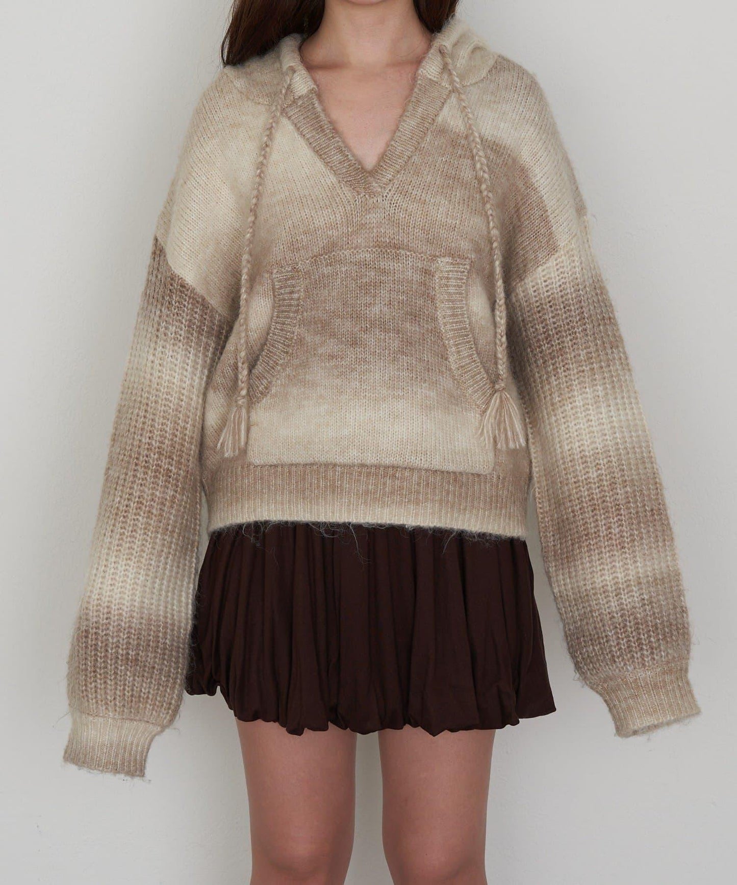 漸變色V領連帽長款上衣