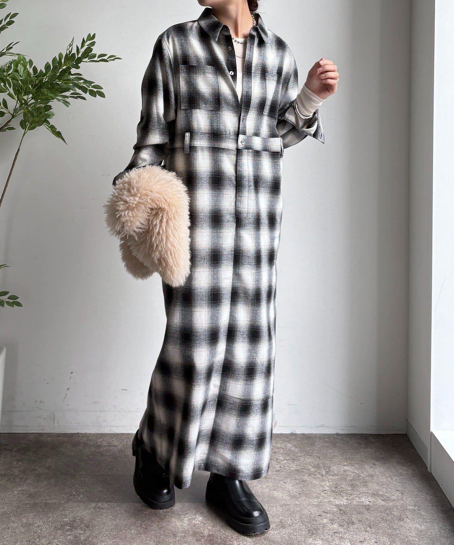 漸變格紋連衣裙