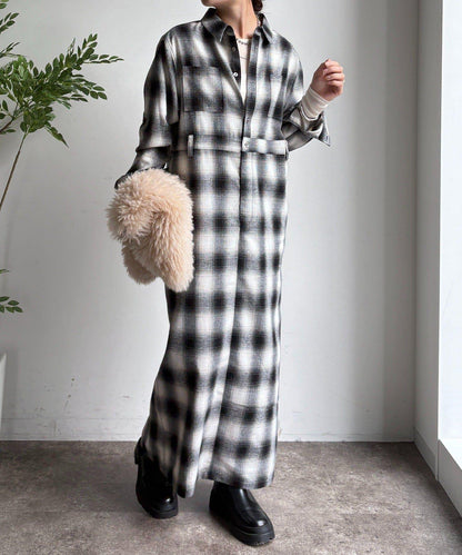 漸變格紋連衣裙