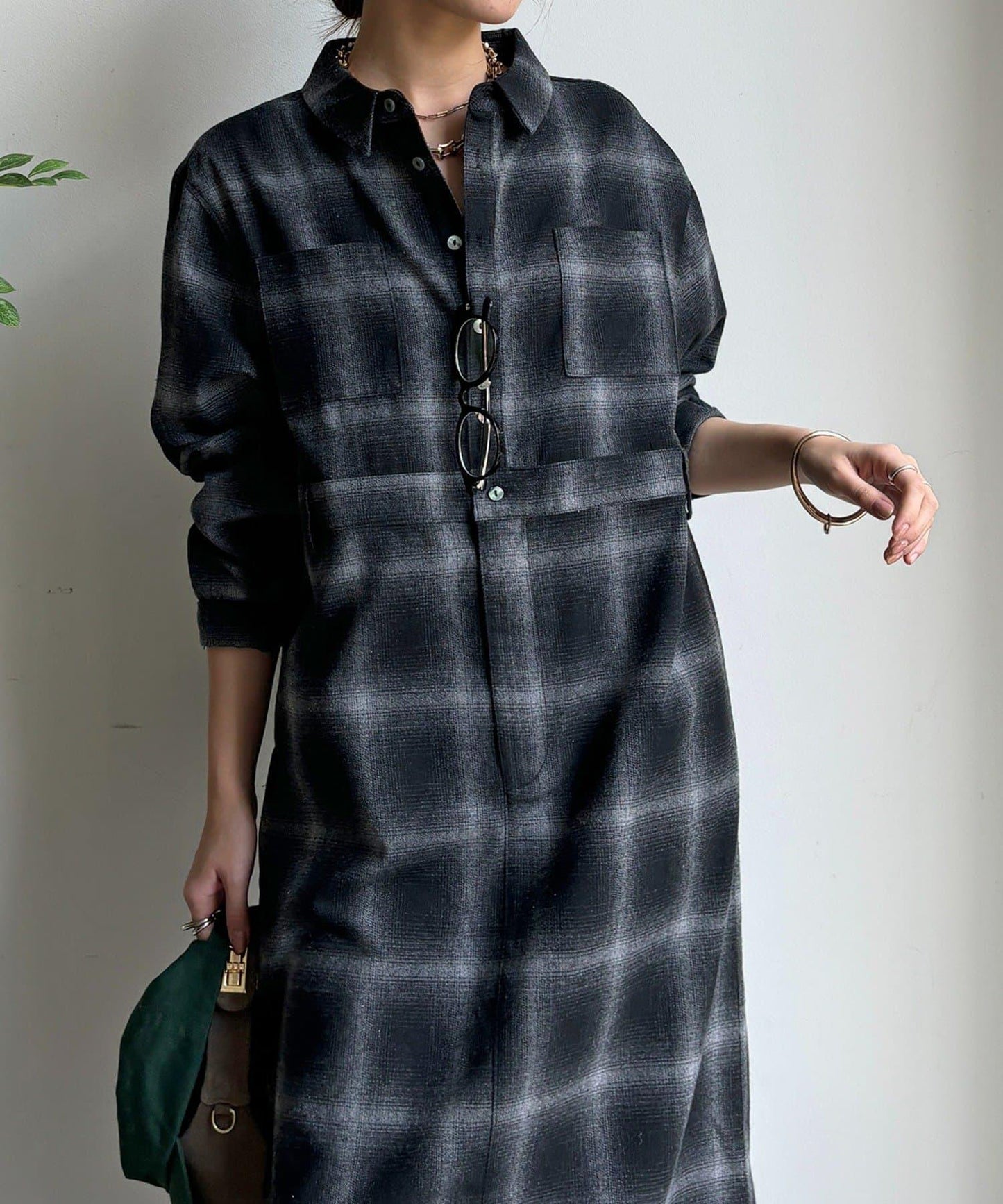 漸變格紋連衣裙