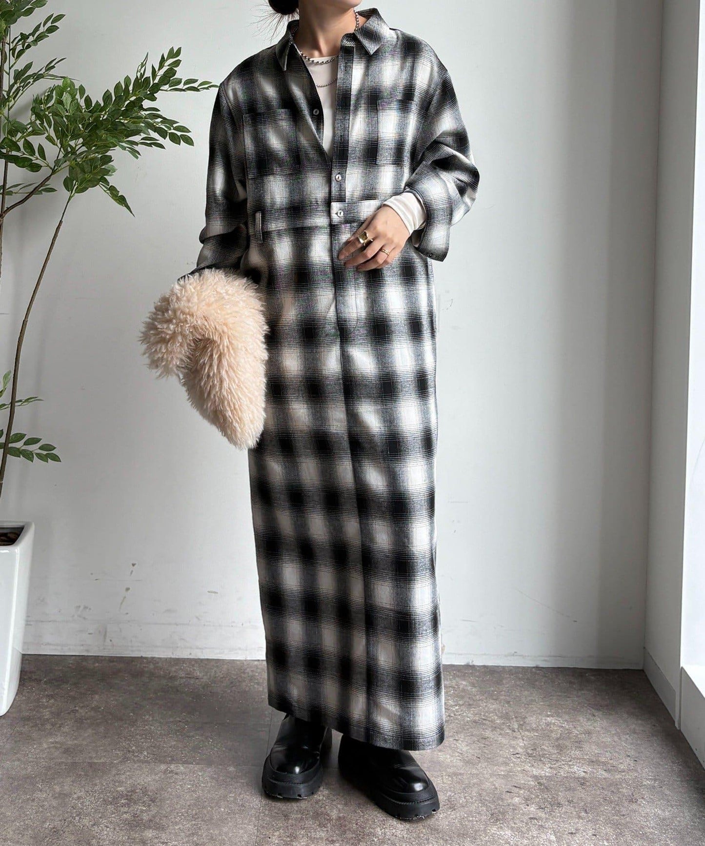 漸變格紋連衣裙