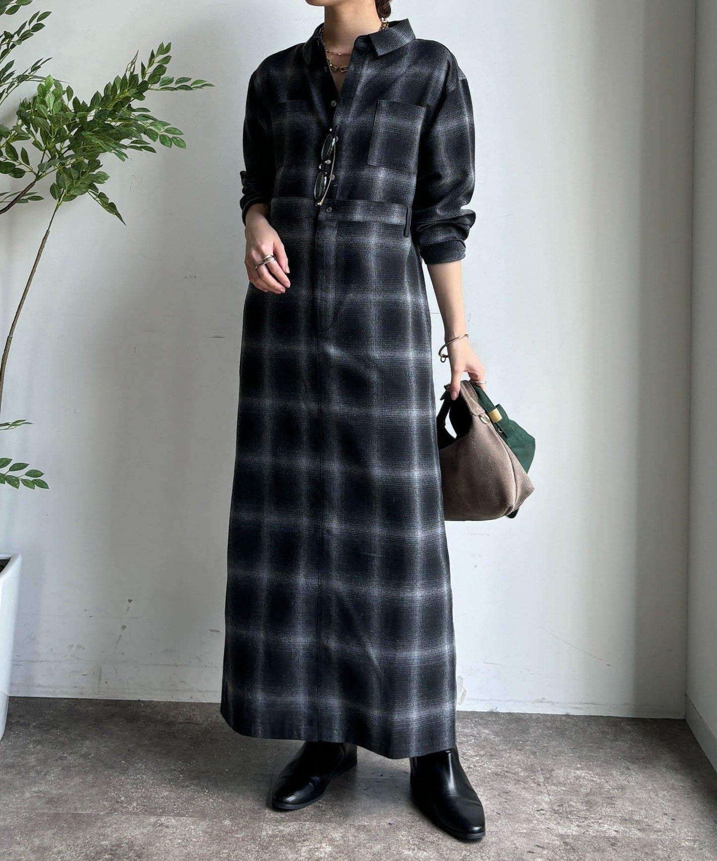 漸變格紋連衣裙