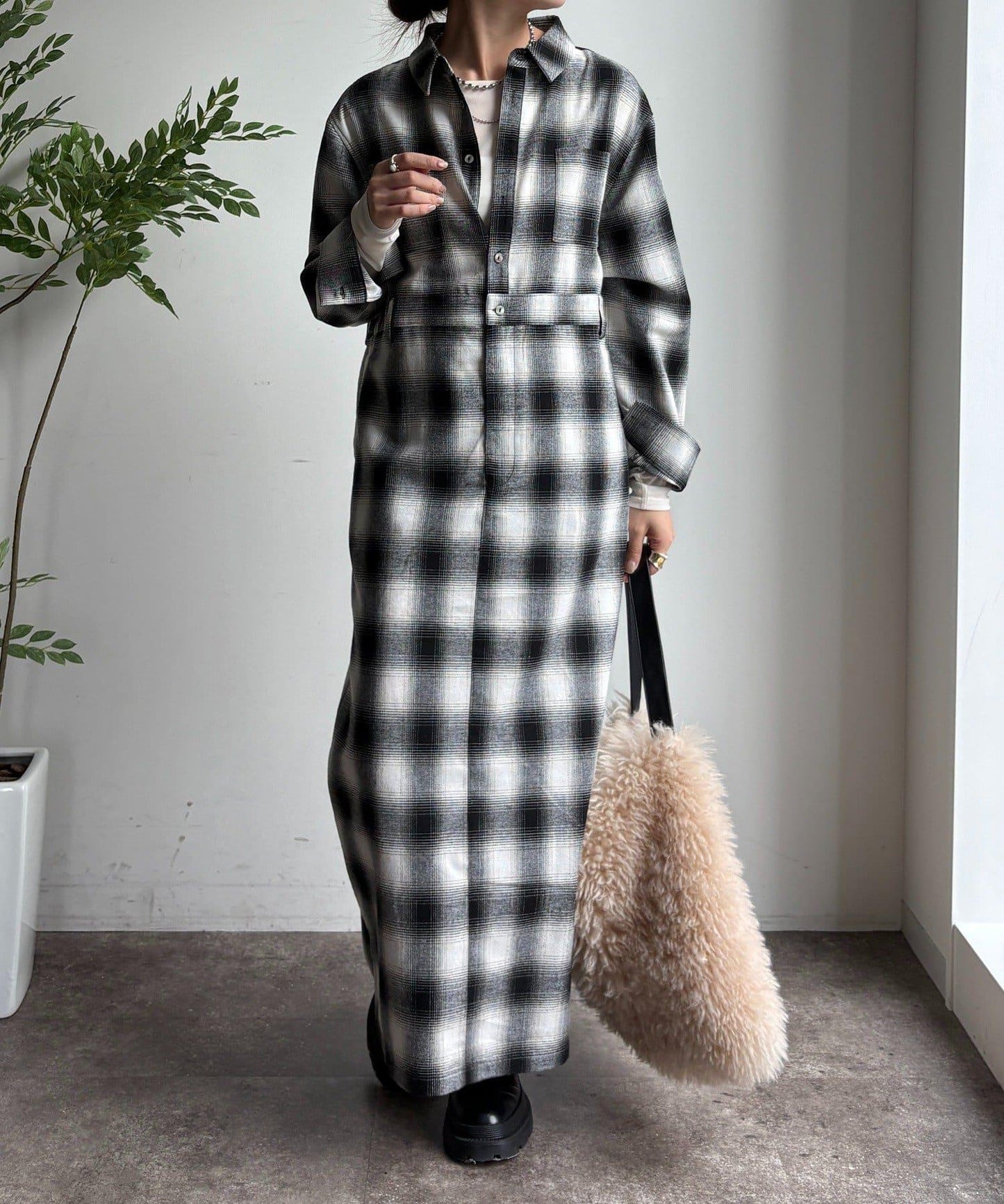 漸變格紋連衣裙