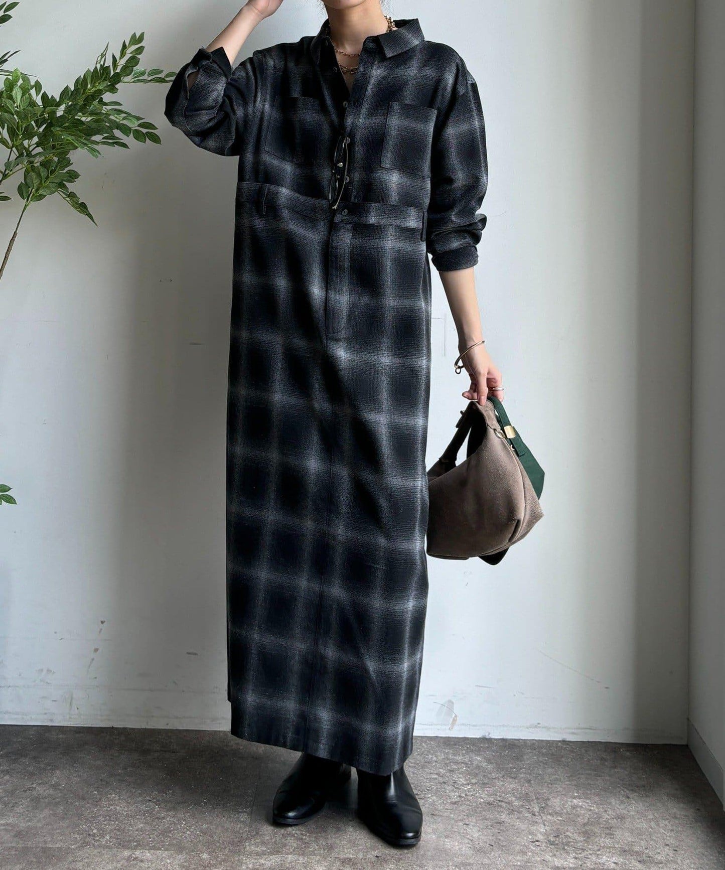 漸變格紋連衣裙