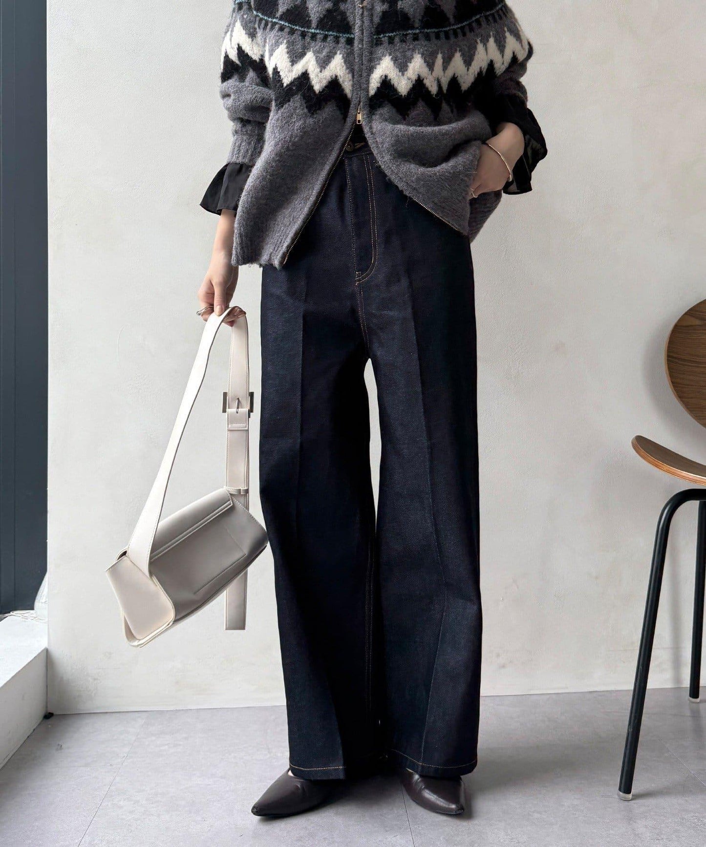 高腰雙排扣牛仔褲