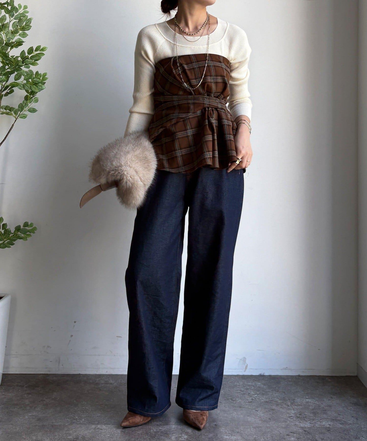 磨毛格紋吊帶背心