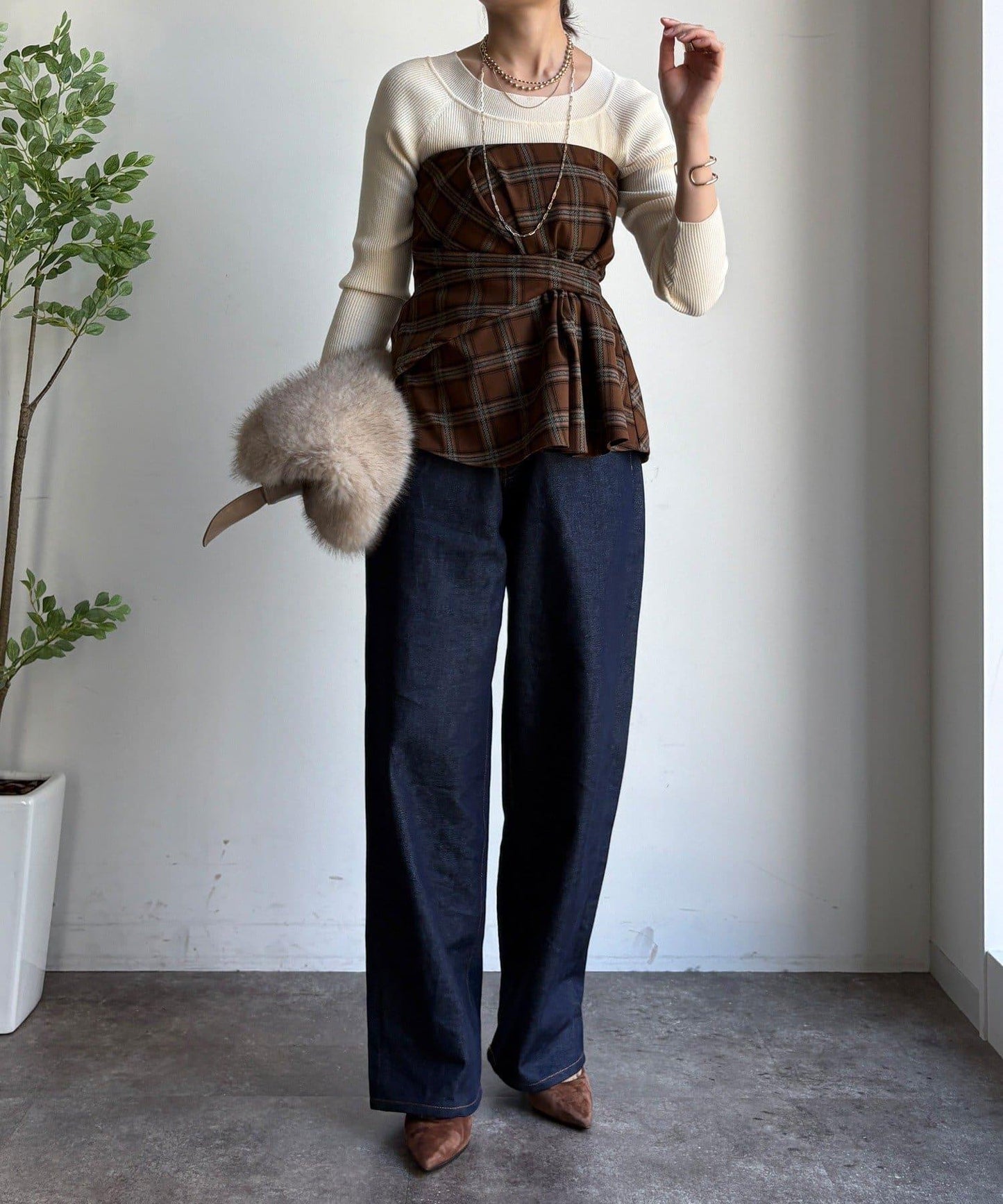 磨毛格紋吊帶背心