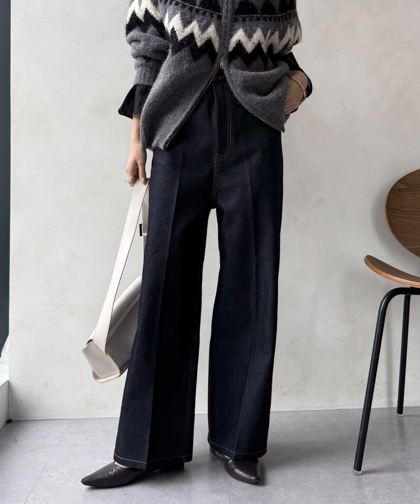 高腰雙排扣牛仔褲