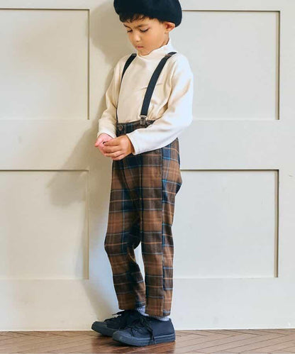 帶吊帶格子長褲 10分褲