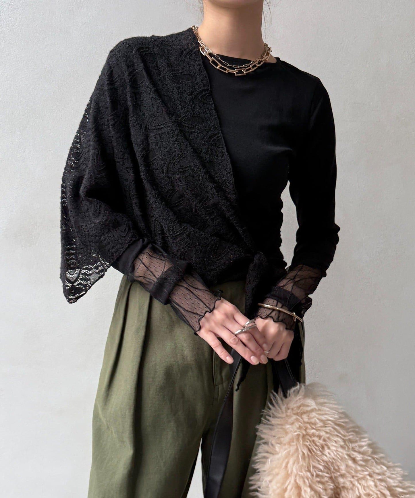 蕾絲網紗拼接透視T恤