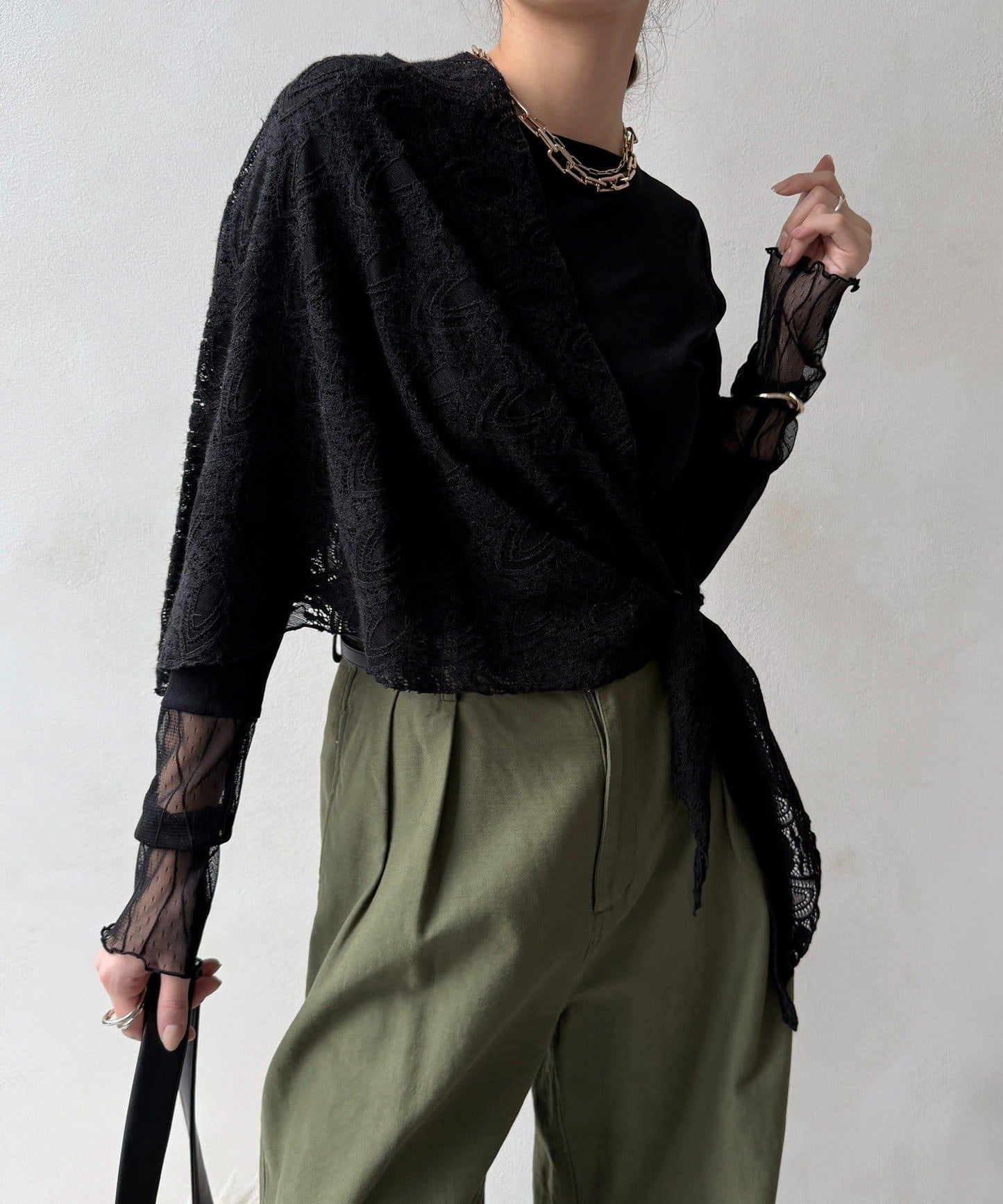 蕾絲網紗拼接透視T恤