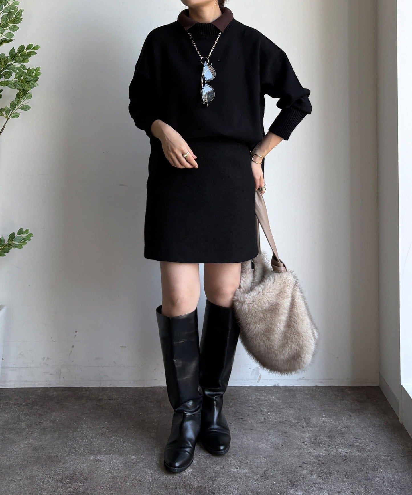 拼色雙層領針織上衣