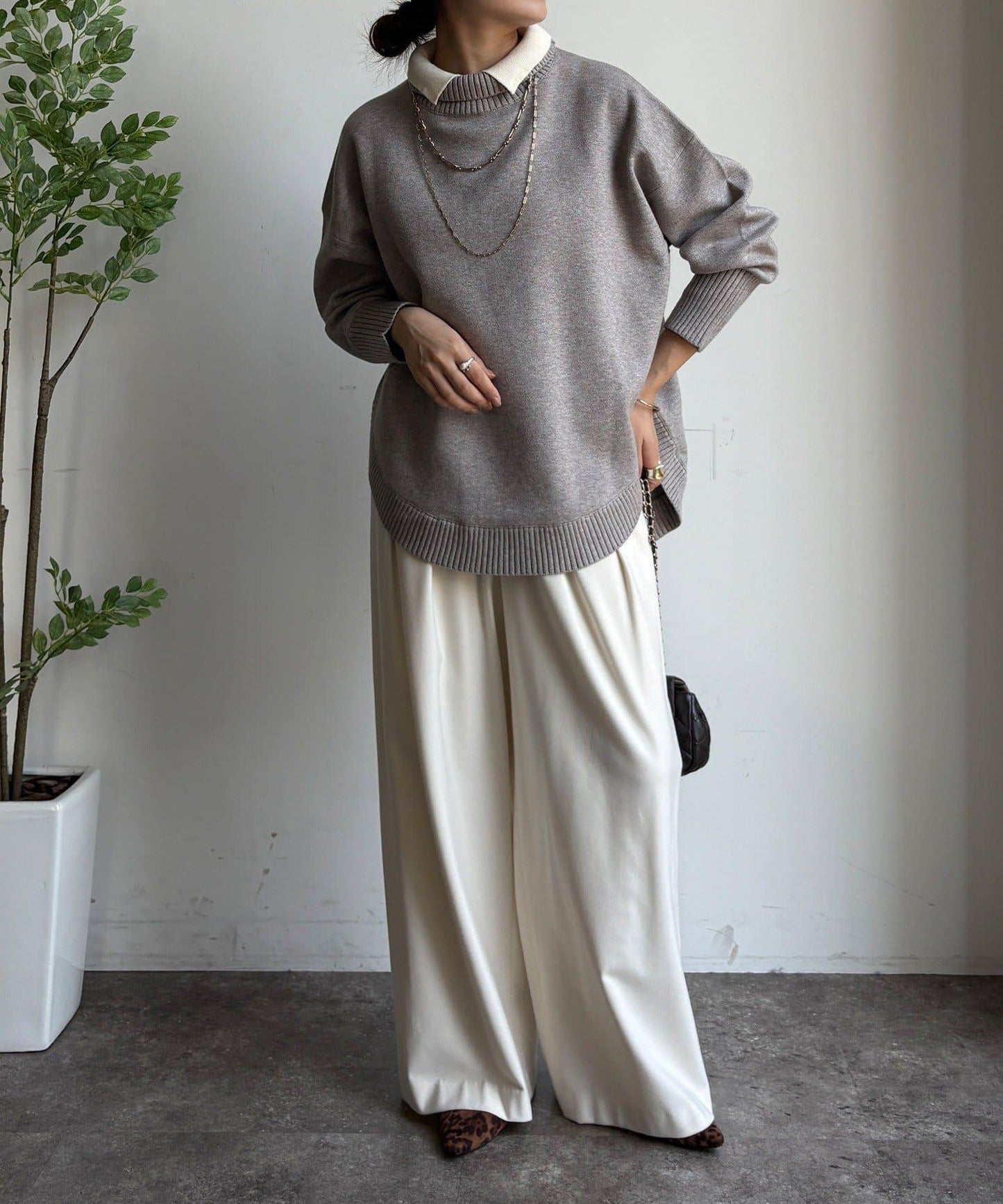 拼色雙層領針織上衣