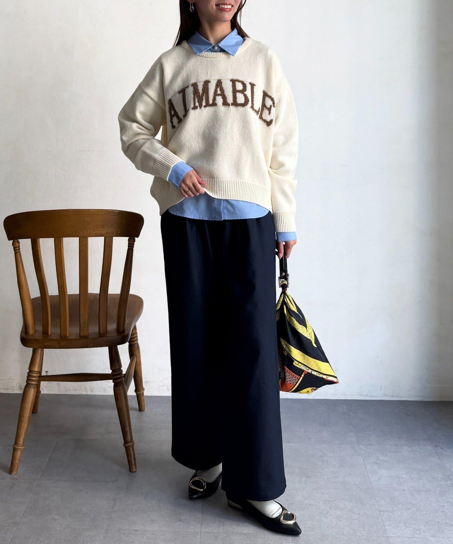 毛絨字母圖案針織套頭衫