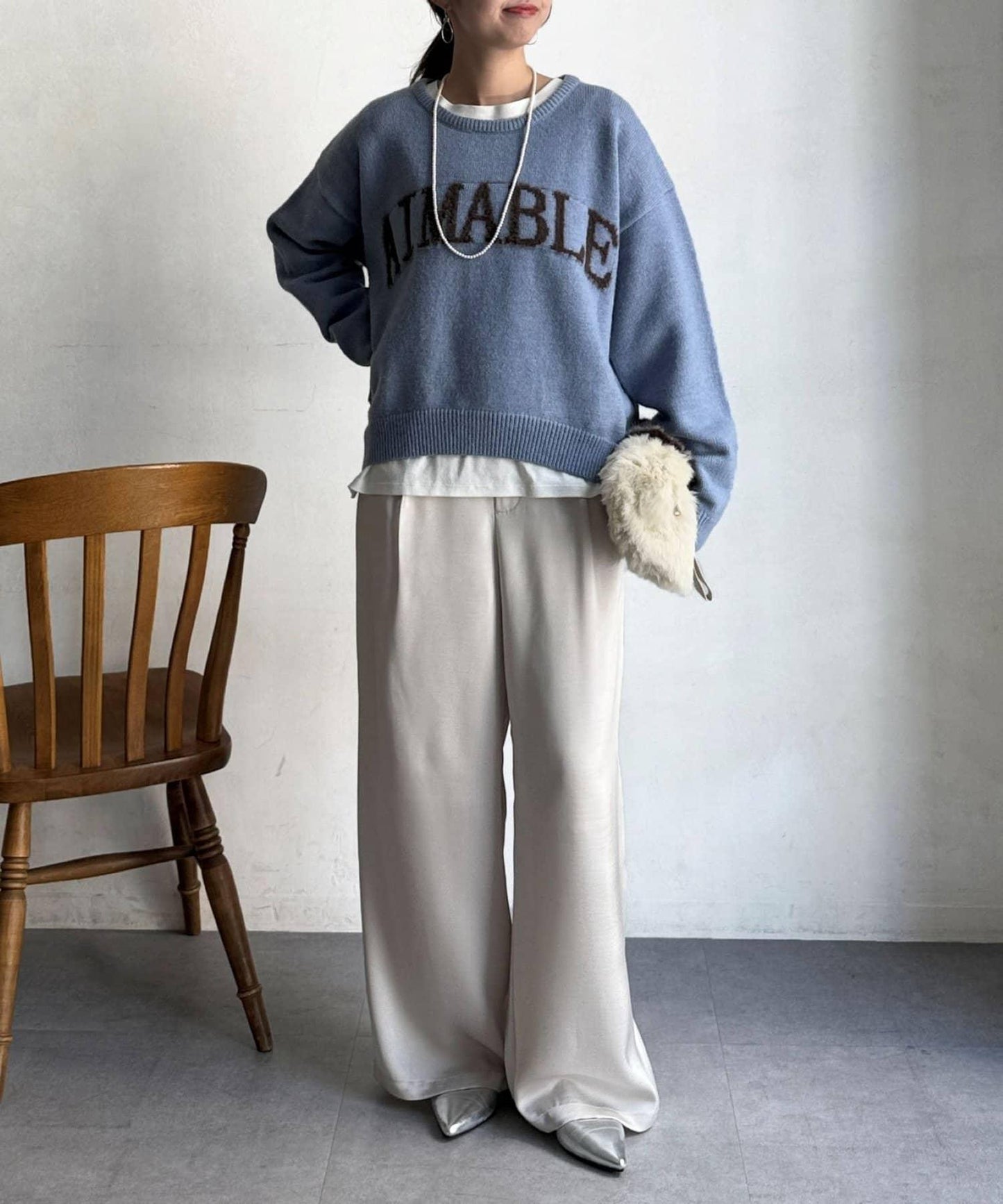 毛絨字母圖案針織套頭衫