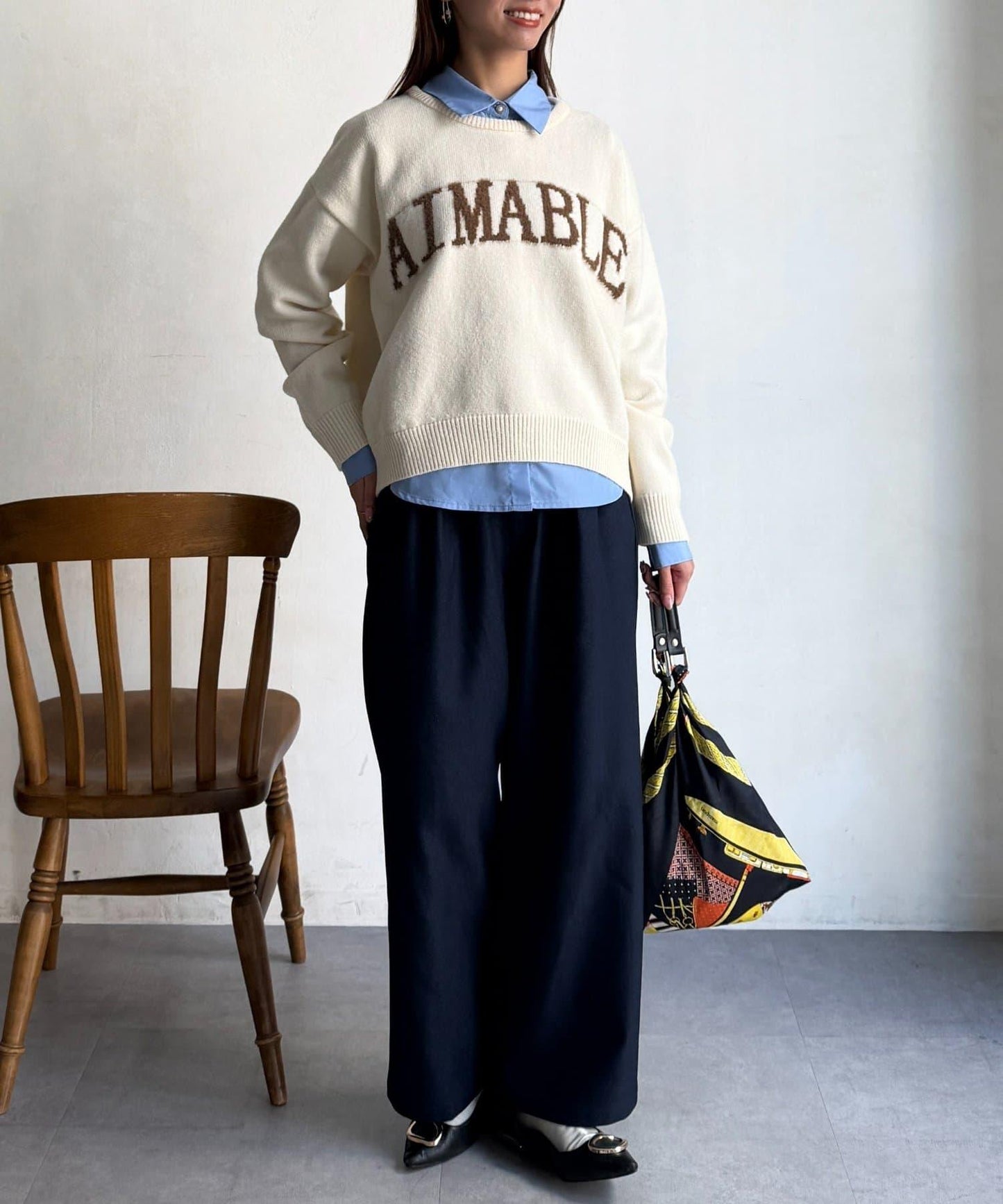 毛絨字母圖案針織套頭衫